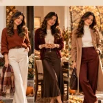 Three Thanksgiving outfit ideas for women in warm autumn colours