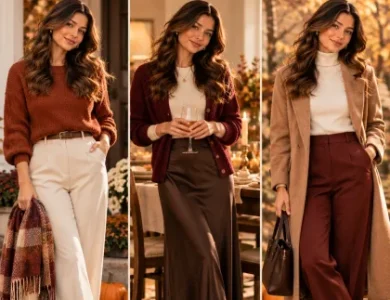 Three Thanksgiving outfit ideas for women in warm autumn colours