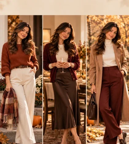 8 Thanksgiving Outfit Ideas for Women, From Casual to Dressy Three Thanksgiving outfit ideas for women in warm autumn colours