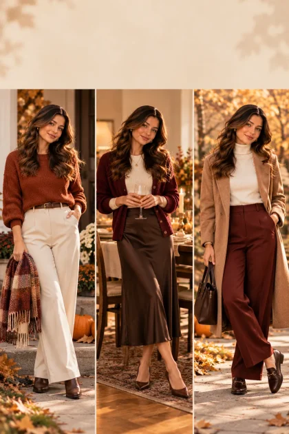 Three Thanksgiving outfit ideas for women in warm autumn colours