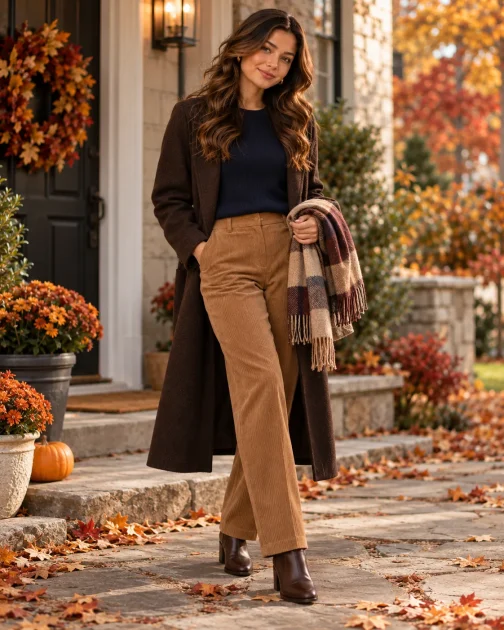 Woman wearing a navy knit, brown coat, corduroy trousers and plaid scarf