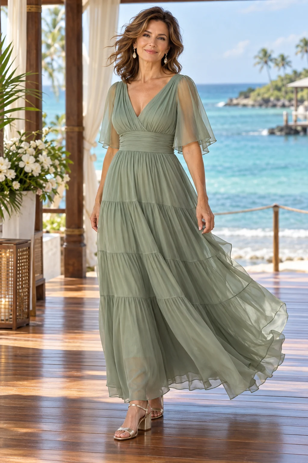 Mother of the groom in a sage green tiered chiffon maxi on a seaside pavilion.
