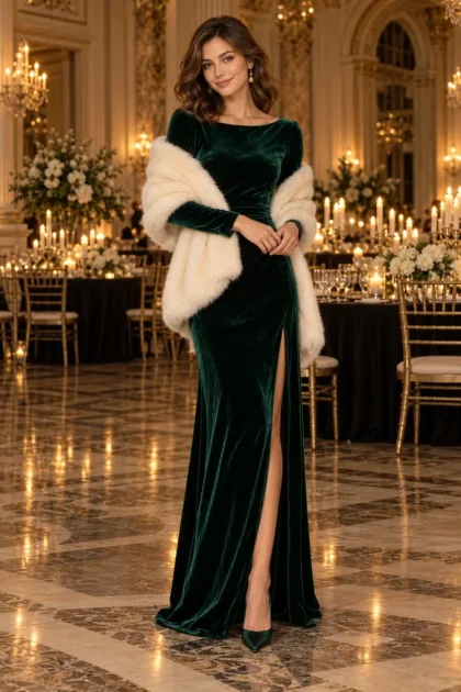 Winter Wedding Guest Outfits: 10 Classy Looks to Stay Warm in 2026 Female guest with chestnut wavy hair in an emerald green long-sleeve velvet gown with an ivory faux-fur stole in a grand candlelit ballroom.