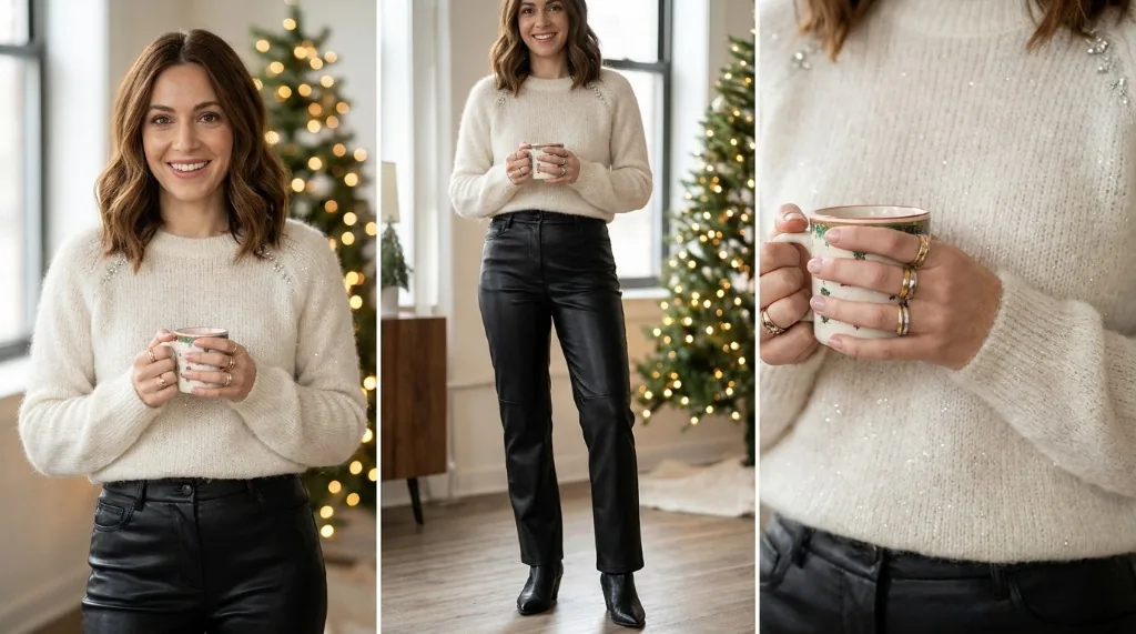 8 Christmas Party Outfit Ideas for Women Woman wearing black faux-leather straight-leg trousers and an ivory embellished knit sweater with stacked rings