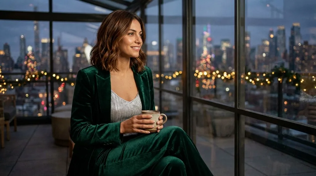 Woman wearing an emerald green velvet tailored tuxedo pantsuit over a shimmering silver metallic ribbed top on a rooftop lounge
