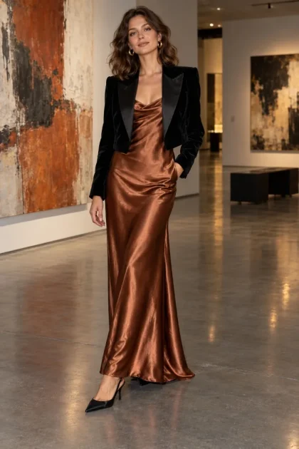 Winter Wedding Guest Outfits: 10 Classy Looks to Stay Warm in 2026 Female guest with chestnut hair wearing a burnished copper satin slip maxi dress under a cropped black velvet tuxedo jacket in a modern art gallery.