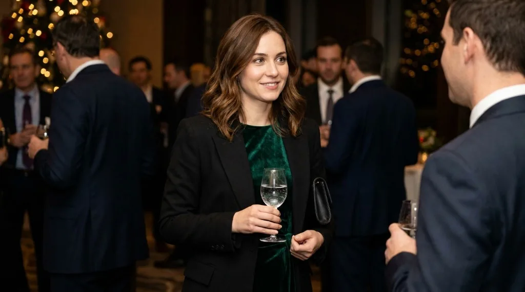 8 Christmas Party Outfit Ideas for Women Woman wearing an emerald green velvet dress styled under a tailored black wool blazer at a corporate holiday mixer