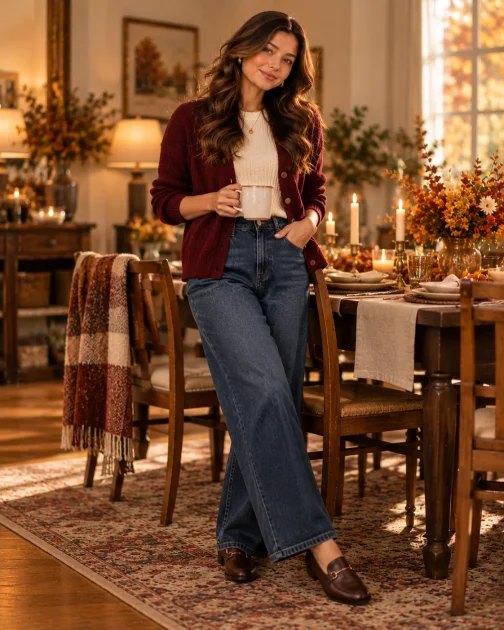 Woman wearing a burgundy cardigan, cream knit and wide-leg jeans