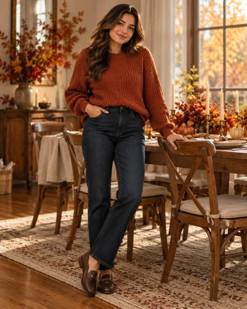Woman wearing a rust sweater and dark jeans in a Thanksgiving dining room