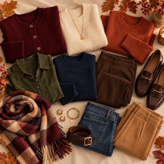 Autumn fashion colour palette with burgundy, rust, olive, cream and brown clothing