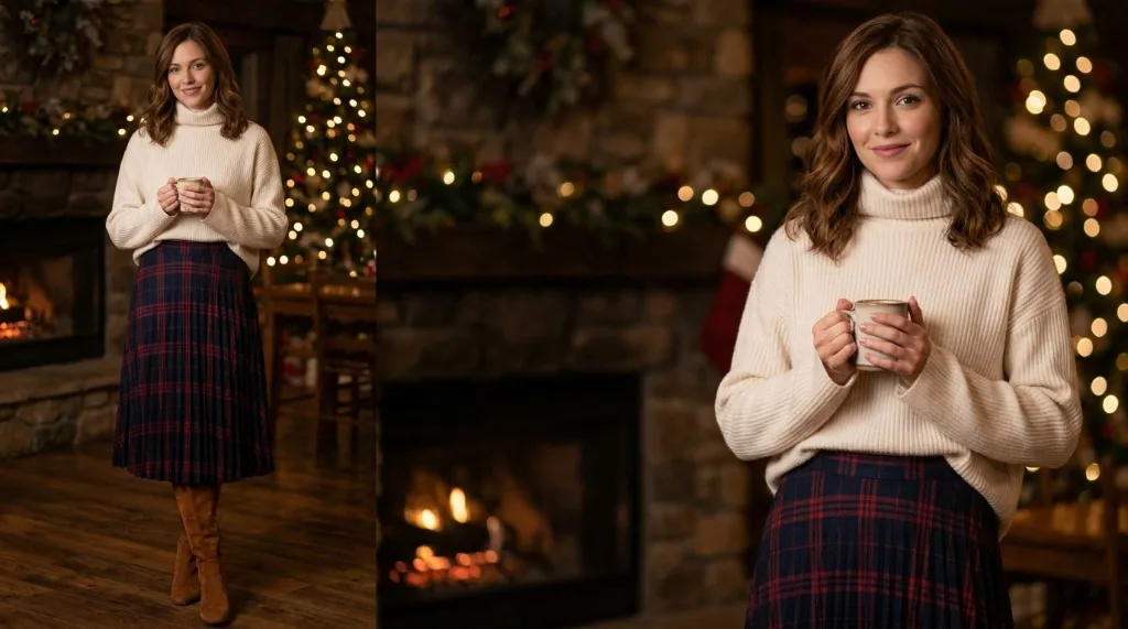 8 Christmas Party Outfit Ideas for Women Woman wearing an ivory ribbed cashmere turtleneck and pleated tartan plaid skirt by a Christmas fireplace