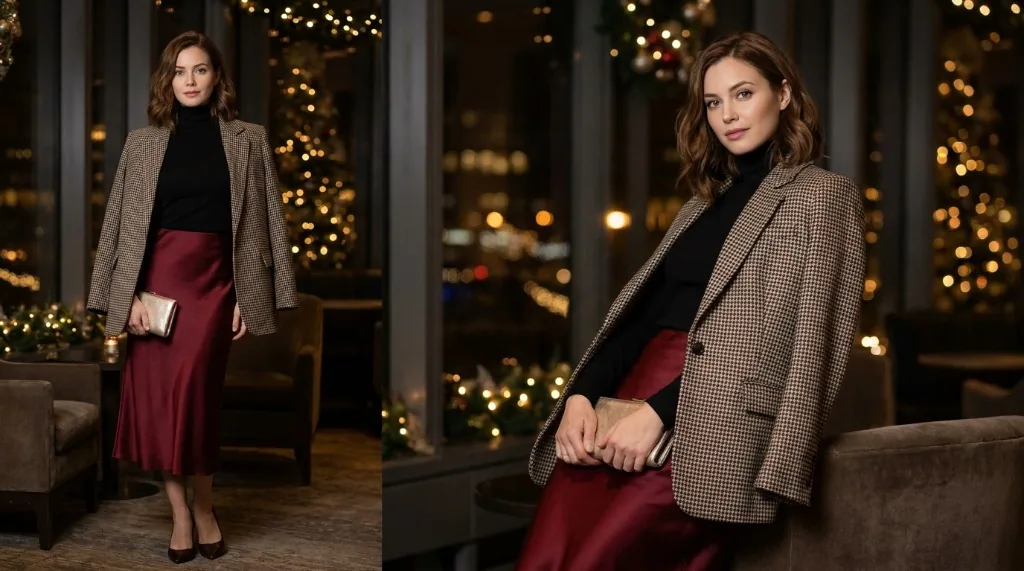 8 Christmas Party Outfit Ideas for Women Woman wearing a wine-red satin slip skirt, black turtleneck, and houndstooth blazer holding a metallic gold clutch