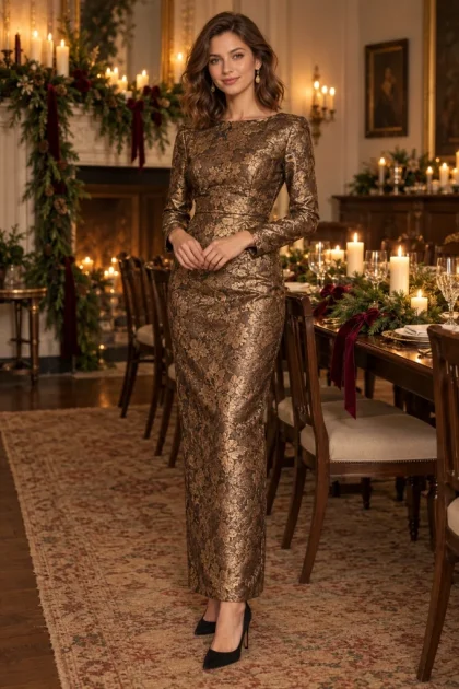 Winter Wedding Guest Outfits: 10 Classy Looks to Stay Warm in 2026 Female guest with chestnut wavy hair wearing a metallic bronze and gold jacquard long-sleeve column dress at a candlelit December wedding.