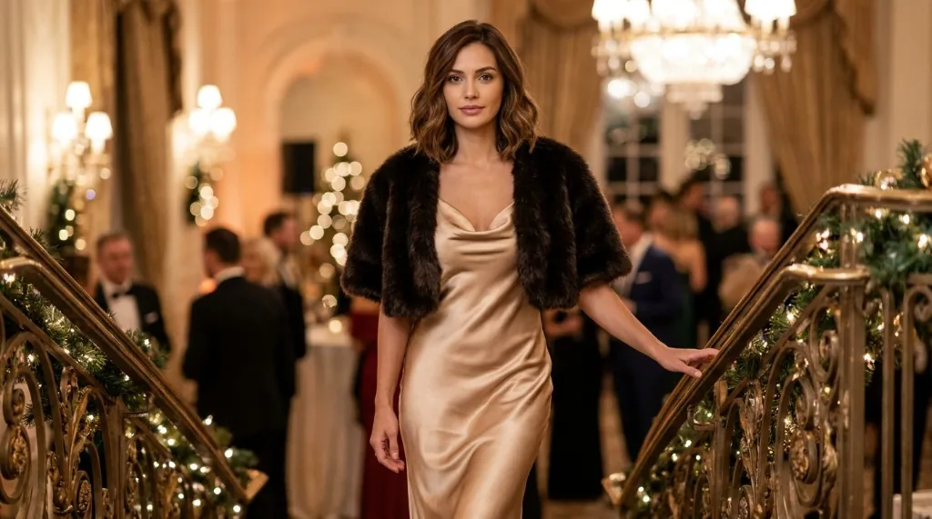 8 Christmas Party Outfit Ideas for Women Woman wearing a champagne gold satin slip dress with a dark faux-fur wrap on a grand staircase