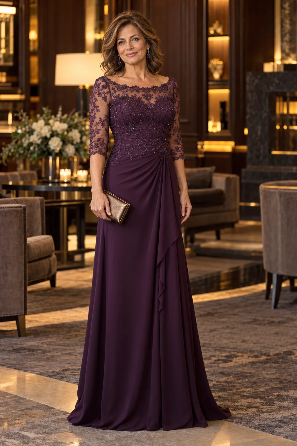 Mother of the groom in a plum crepe gown with beaded lace sleeves in a hotel lounge.