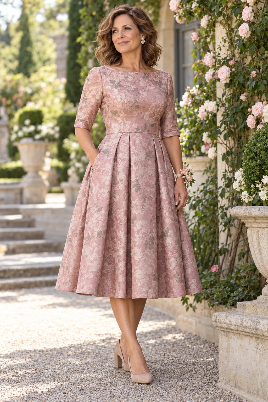Mother of the groom in a dusty rose floral jacquard A-line dress in an estate garden.