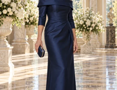 Mother of the Groom Outfit Ideas: 10 Flattering Looks That Look Modern, Dignified, and Photo-Ready Mother of the groom in a navy Mikado gown with a portrait collar in a sunlit estate rotunda.