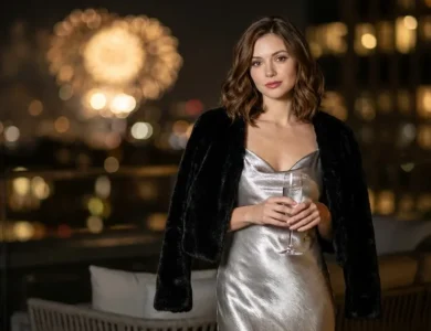 8 New Year's Eve Outfit Ideas to Ring in 2027 Woman wearing a liquid silver metallic slip dress and black faux-fur jacket on a rooftop terrace at midnight with fireworks