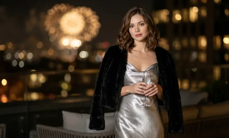 8 New Year's Eve Outfit Ideas to Ring in 2027 Woman wearing a liquid silver metallic slip dress and black faux-fur jacket on a rooftop terrace at midnight with fireworks