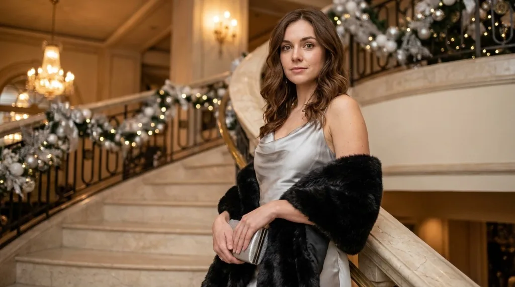 Woman wearing a liquid silver cowl-neck gown with a plush dark faux-fur stole on an opulent grand ballroom staircase