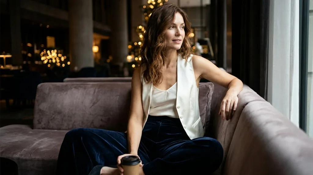 8 Christmas Party Outfit Ideas for Women Woman wearing midnight navy high-waisted wide-leg velvet trousers and an ivory silk vest top in a stylish lounge