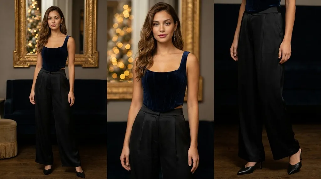 Woman wearing flowing high-waisted black satin trousers and a structured midnight-navy velvet corset top with black mules