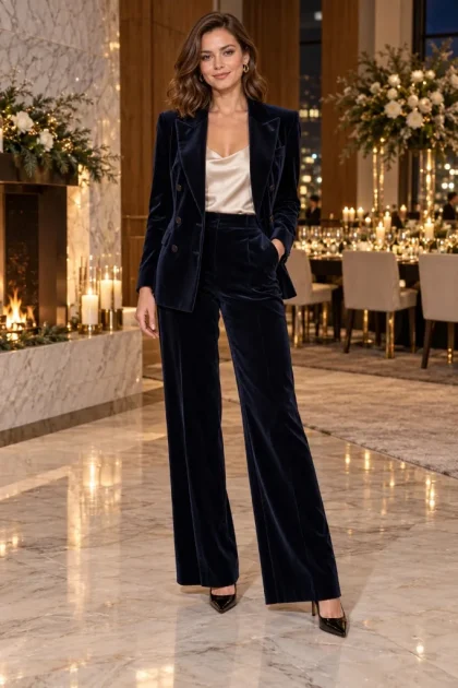 Winter Wedding Guest Outfits: 10 Classy Looks to Stay Warm in 2026 Female guest with chestnut wavy hair wearing a tailored midnight navy velvet pantsuit with champagne silk camisole at a winter wedding.