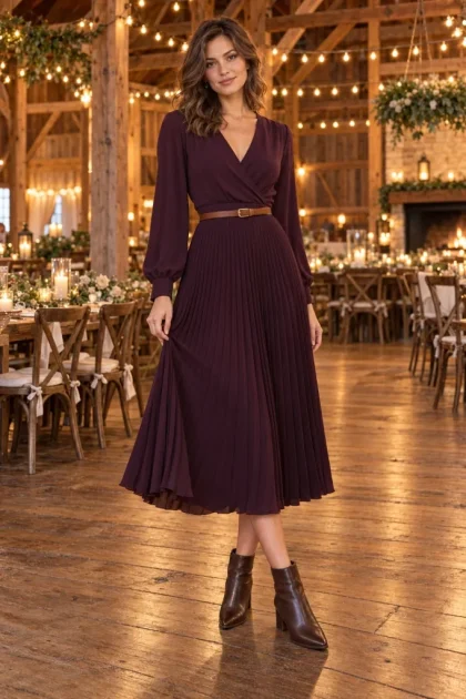 Winter Wedding Guest Outfits: 10 Classy Looks to Stay Warm in 2026 Female guest with chestnut hair in a long-sleeve plum pleated wrap midi dress with leather belt and block-heel booties inside a timber barn.