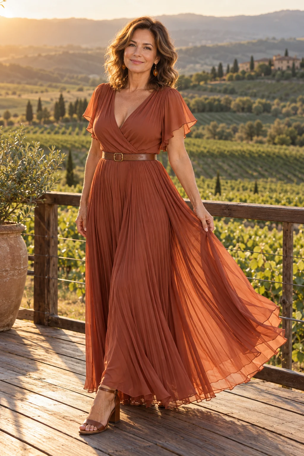Mother of the groom in a terracotta pleated chiffon wrap gown on a vineyard veranda.