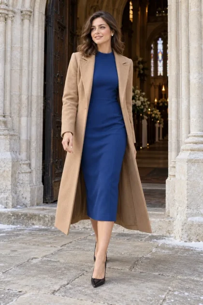Winter Wedding Guest Outfits: 10 Classy Looks to Stay Warm in 2026 Female guest with chestnut hair in a royal sapphire blue crepe sheath dress and camel wool overcoat walking into a historic cathedral in winter.