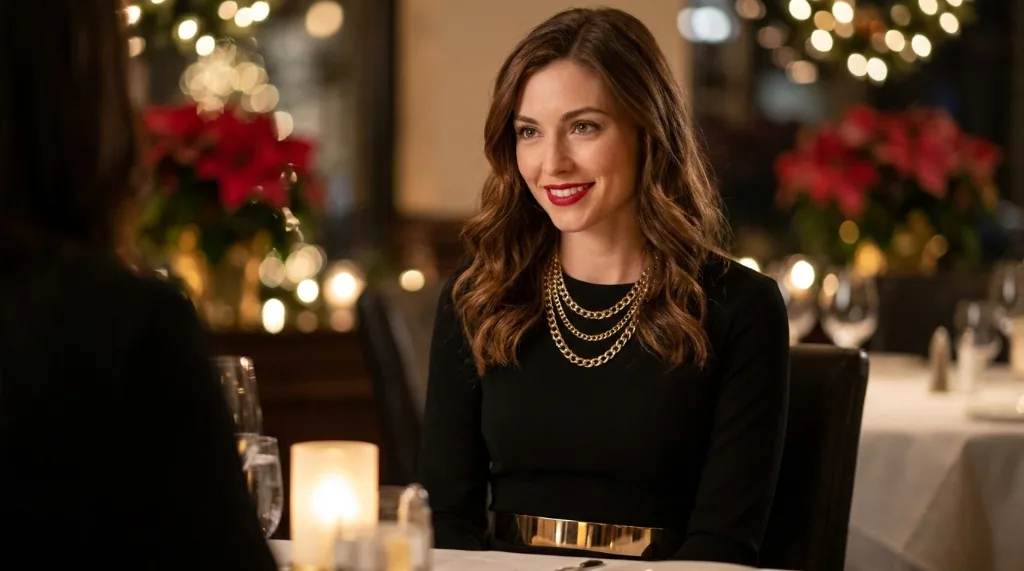 Woman wearing an architectural square-neck little black dress with a polished gold metallic belt and layered chain necklaces at dinner