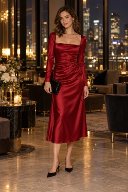 Winter Wedding Guest Outfits: 10 Classy Looks to Stay Warm in 2026 Female guest with chestnut hair in a ruby red ruched liquid satin midi dress with square neckline at a luxury city hotel lounge.