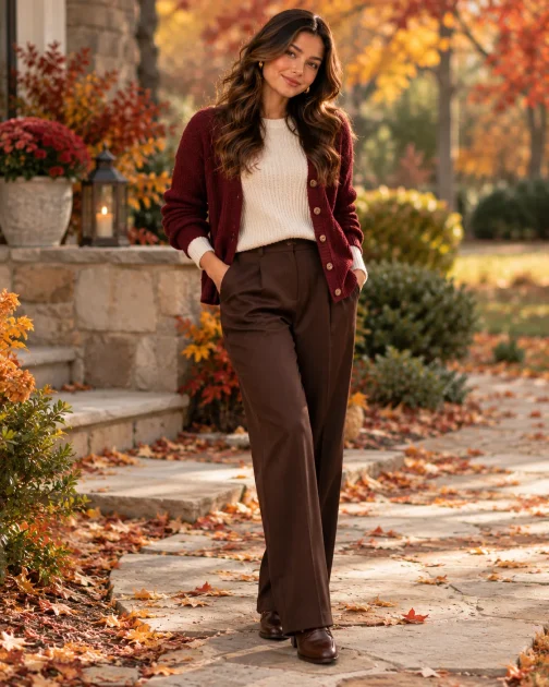 Woman wearing a cream knit, burgundy cardigan and brown trousers outdoors
