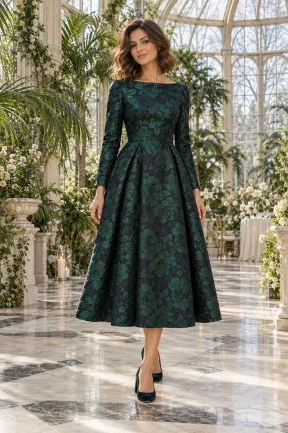 Winter Wedding Guest Outfits: 10 Classy Looks to Stay Warm in 2026 Female guest with chestnut wavy hair in a dark floral brocade A-line midi dress with boatneck collar in a glass botanical conservatory.