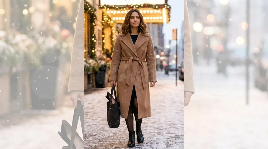 8 Christmas Party Outfit Ideas for Women Woman walking through snowy winter streets wearing a camel wool wrap coat and Chelsea boots while carrying a shoe tote bag